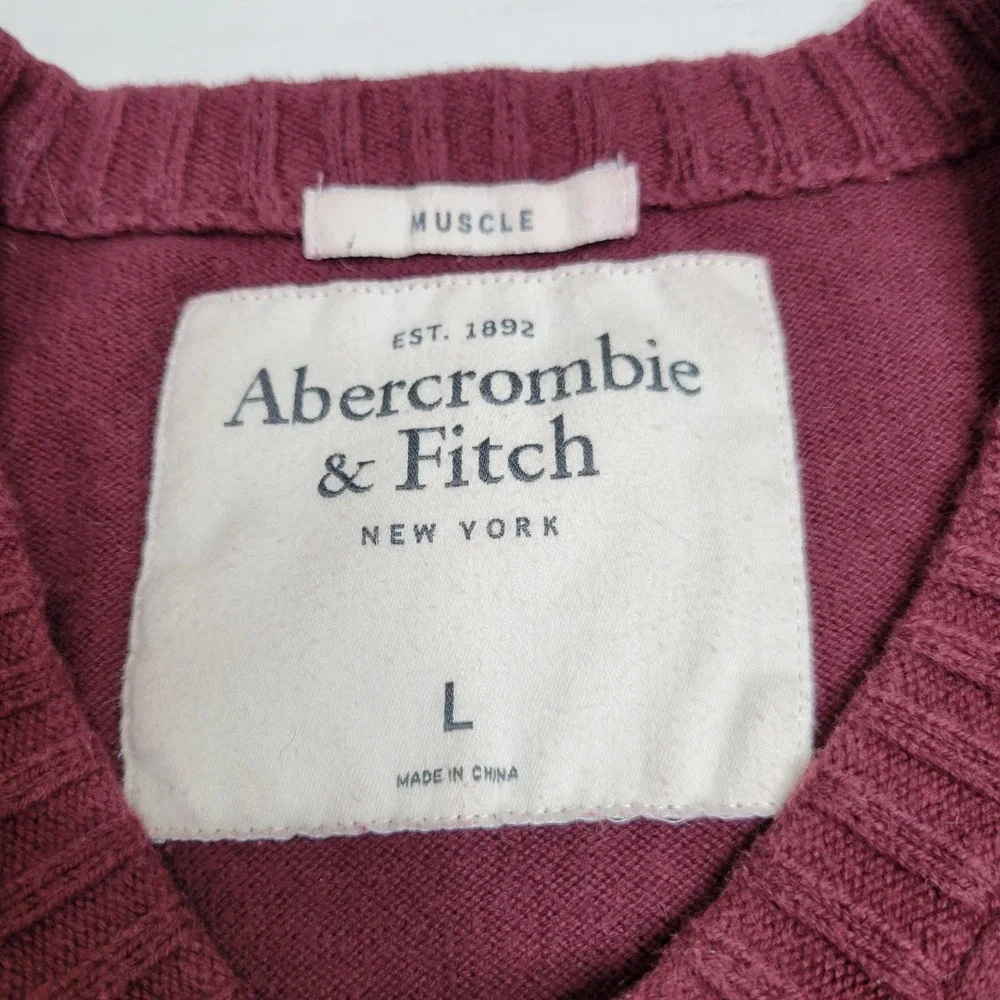 Abercrombie & Fitch‎ Mens Muscle Fit V-Neck Sweater Large Burgundy Maroon Logo